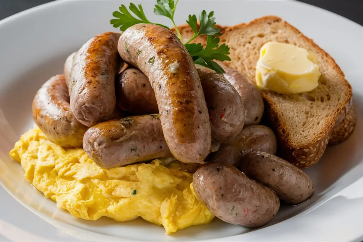 A plate of cooked turkey sausage patties, garnished with fresh herbs.