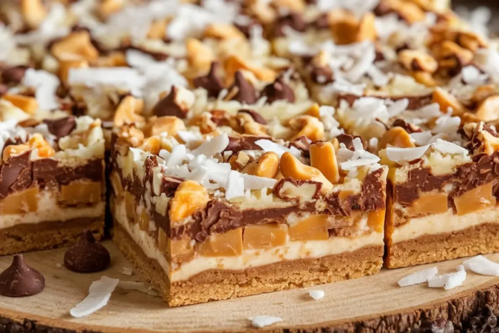 Close-up of freshly baked 7-Layer Bars with a golden-brown top, showing layers of chocolate, coconut, and nuts.