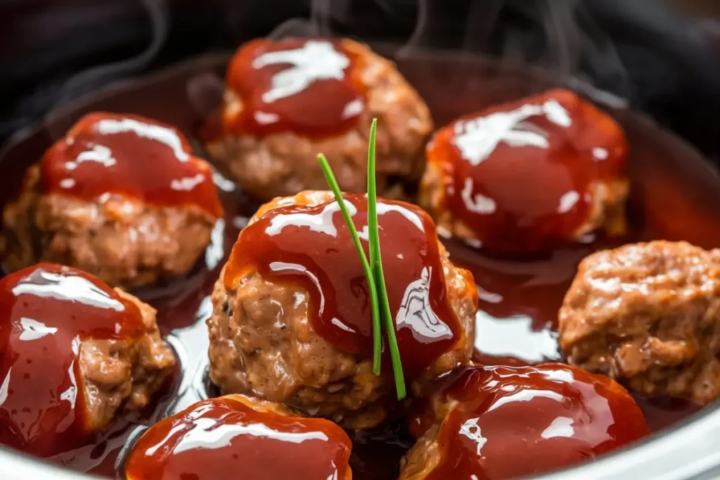 Meatballs coated in grape jelly and barbecue sauce served in a bowl