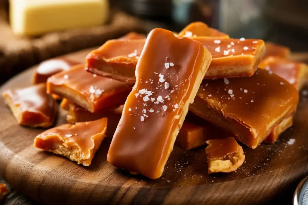 Close-up of homemade toffee with a golden-brown color and a rich, buttery texture