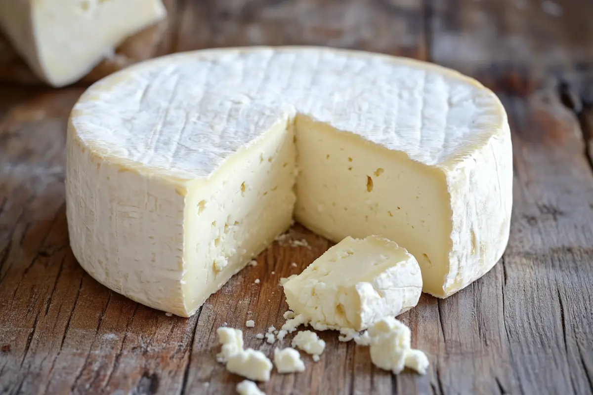 A fresh block of homemade queso blanco on a wooden cutting board.