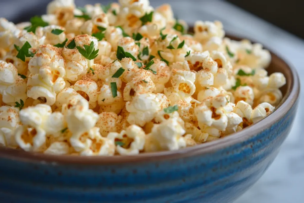 A bowl of freshly popped popcorn seasoned with a variety of homemade spices and herbs.