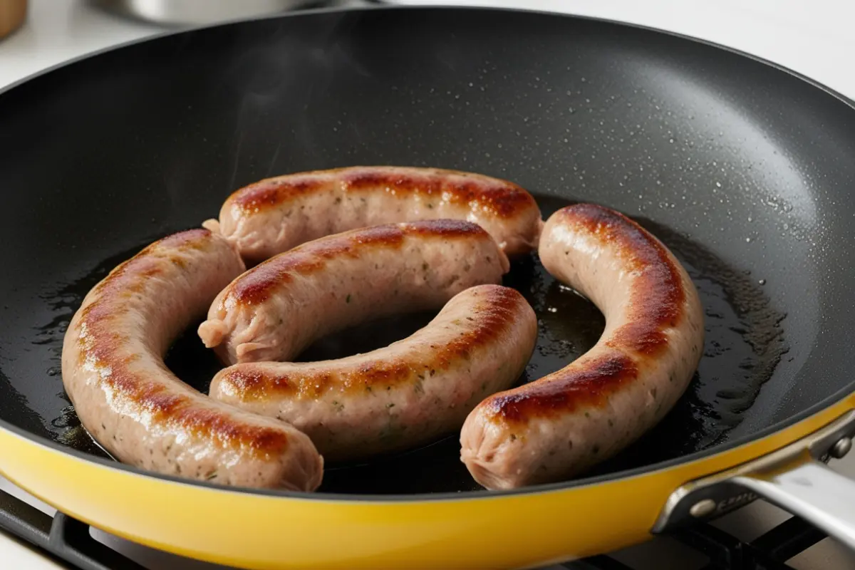 A plate of cooked turkey sausage patties, garnished with fresh herbs.