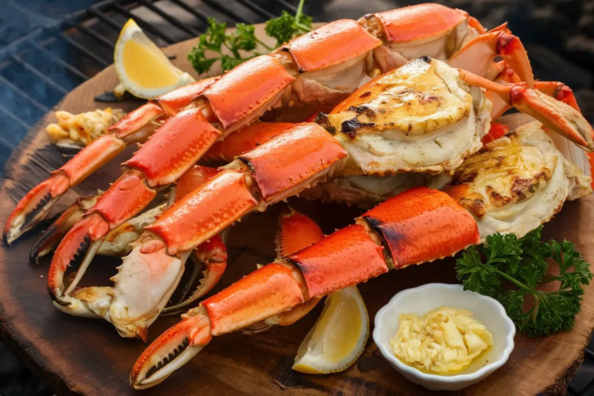 Grilled Crab Legs on a barbecue grill with garlic butter