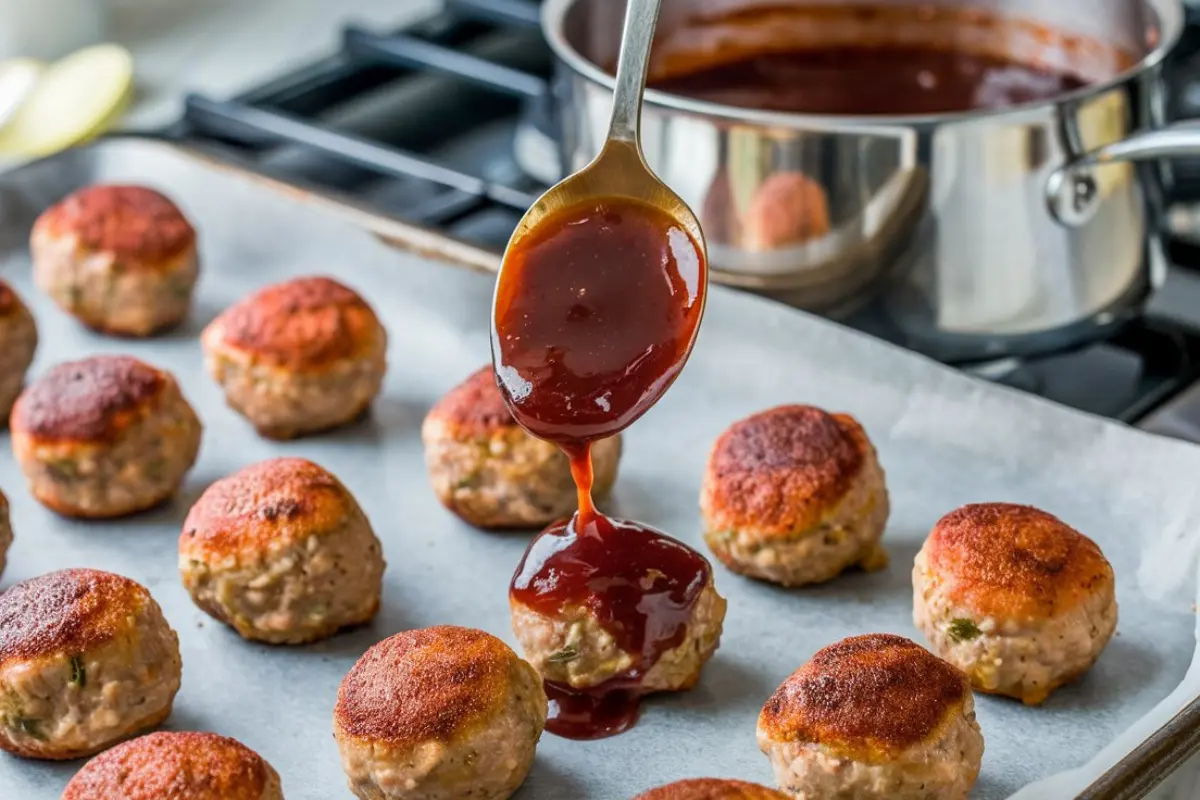 Meatballs coated in grape jelly and barbecue sauce served in a bowl