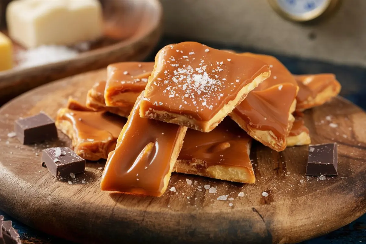 Close-up of homemade toffee with a golden-brown color and a rich, buttery texture