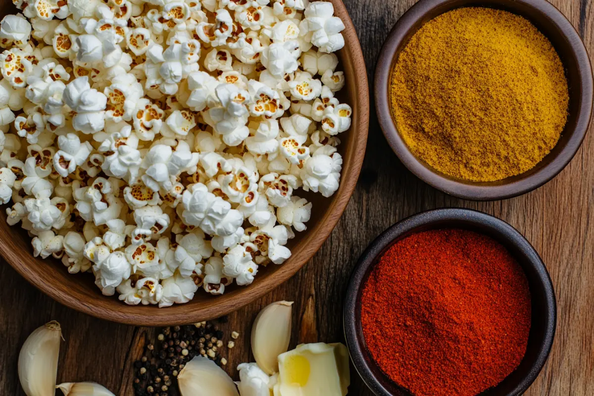 A bowl of freshly popped popcorn seasoned with a variety of homemade spices and herbs.