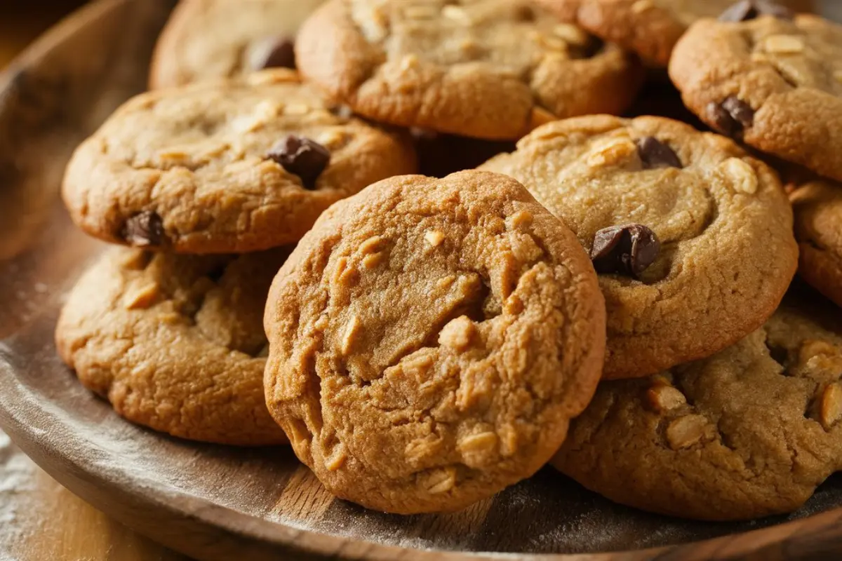 A plate of homemade protein cookies with oats and chocolate chips.