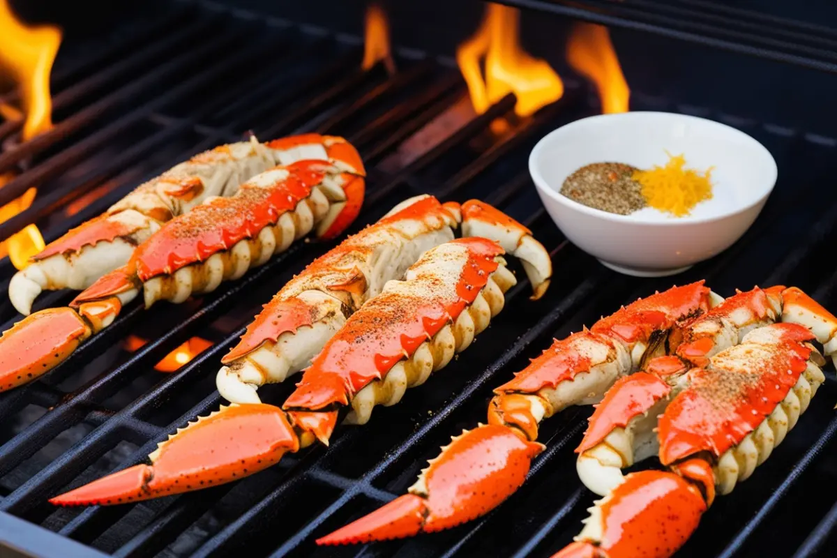 Grilled Crab Legs on a barbecue grill with garlic butter