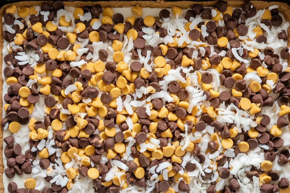 Close-up of freshly baked 7-Layer Bars with a golden-brown top, showing layers of chocolate, coconut, and nuts.