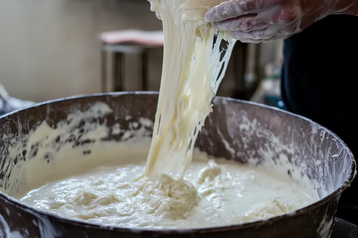 A fresh block of homemade queso blanco on a wooden cutting board.