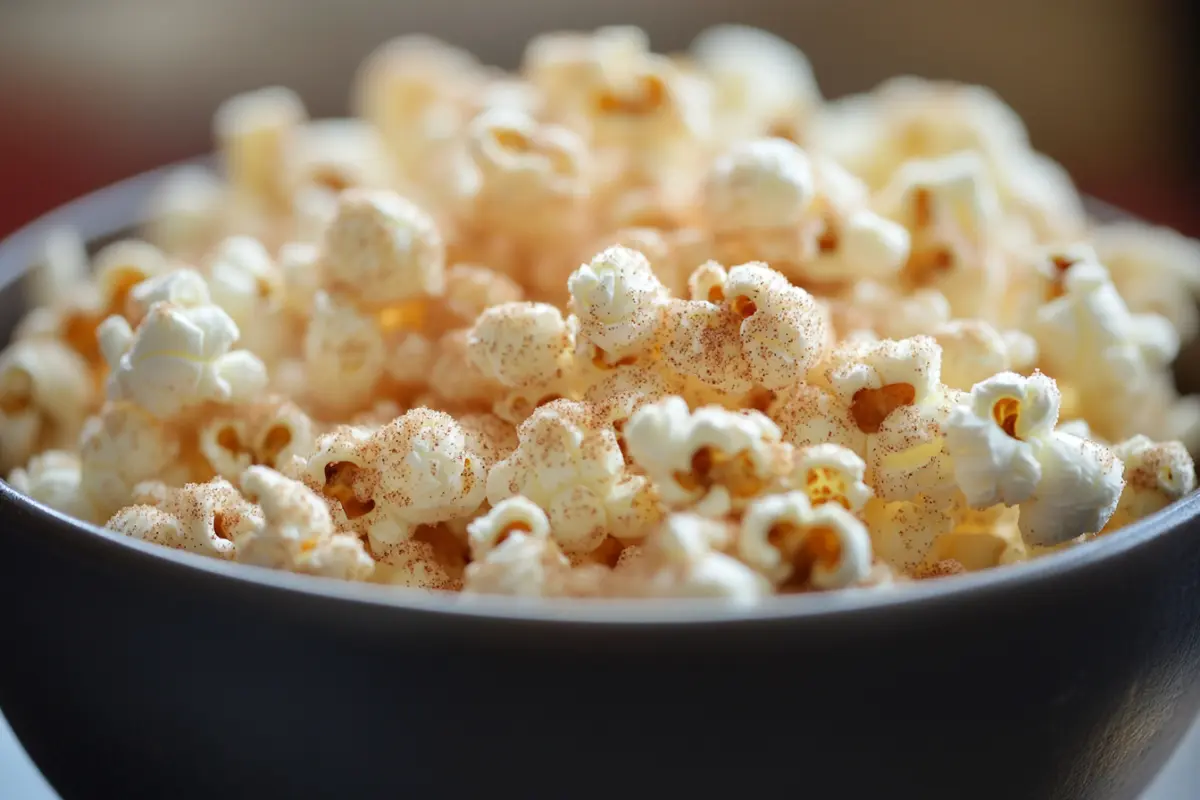 A bowl of freshly popped popcorn seasoned with a variety of homemade spices and herbs.