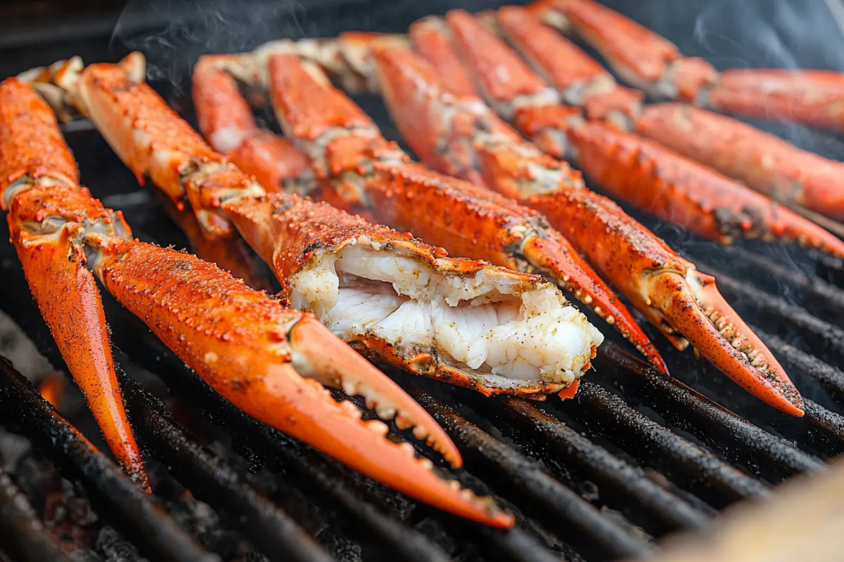 Smoked crab legs on a pellet grill with a golden-brown shell, perfectly cooked and ready to eat