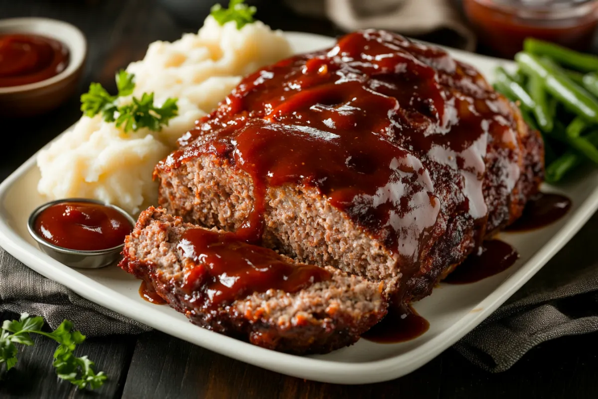 Meatloaf topped with a glossy ketchup glaze