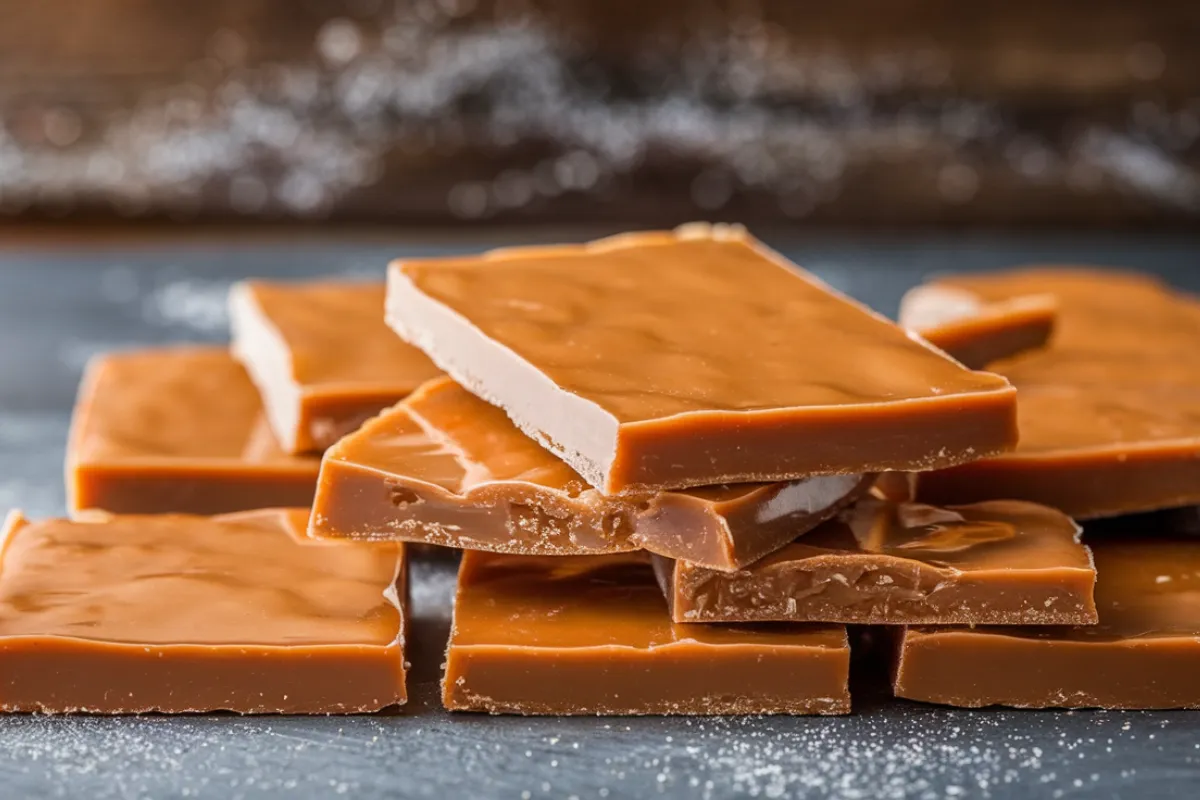 A close-up of traditional toffee pieces on a wooden surface, showing a rich caramel color and a crunchy texture.