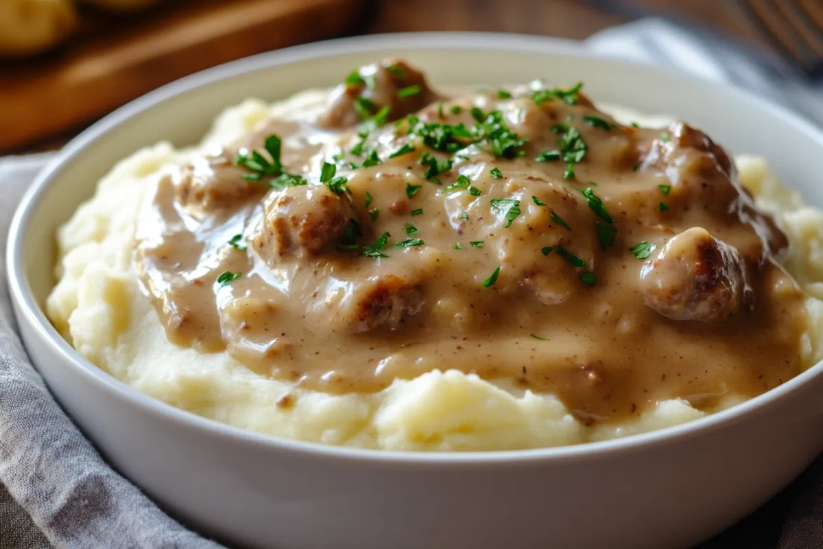 A bowl of creamy turkey sausage gravy served over fluffy biscuits.