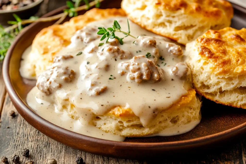 A bowl of creamy turkey sausage gravy served over fluffy biscuits.