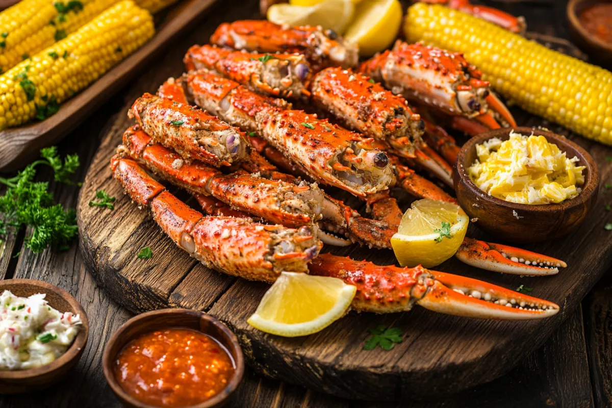 Smoked crab legs on a pellet grill with a golden-brown shell, perfectly cooked and ready to eat