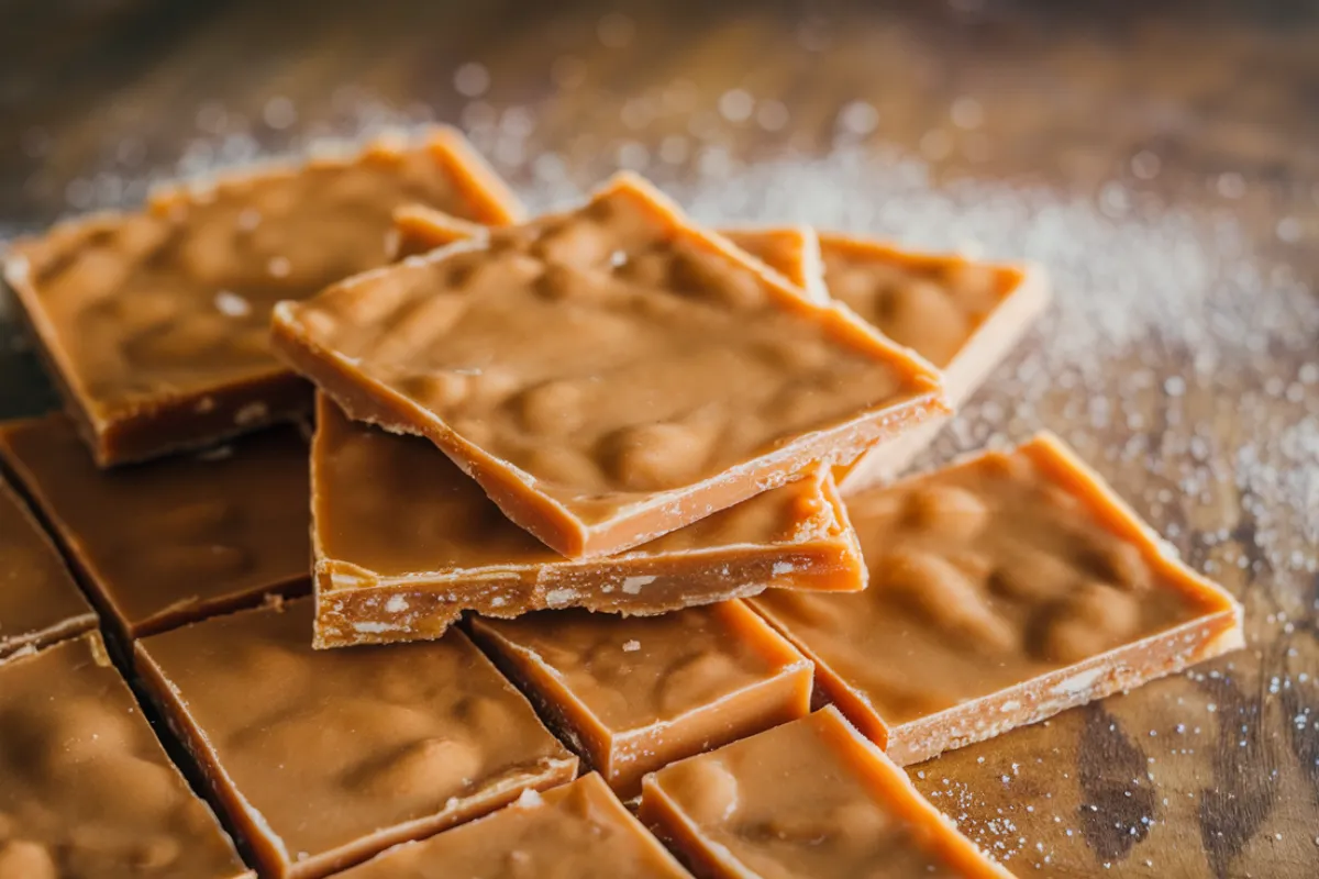 A close-up of traditional toffee pieces on a wooden surface, showing a rich caramel color and a crunchy texture.