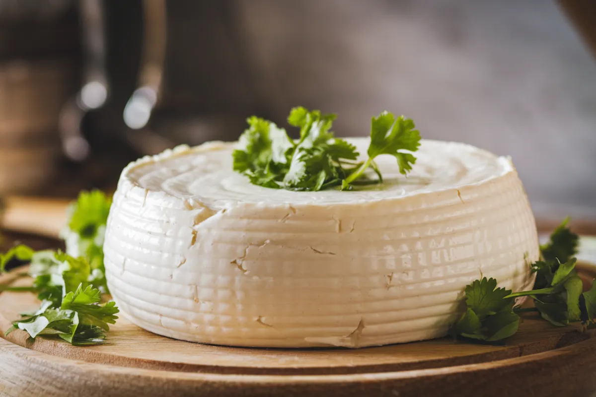 Queso Blanco cheese on a wooden board with fresh herbs