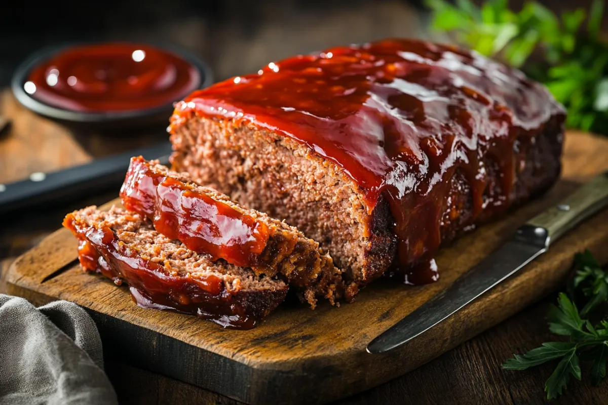 Meatloaf topped with a glossy ketchup glaze