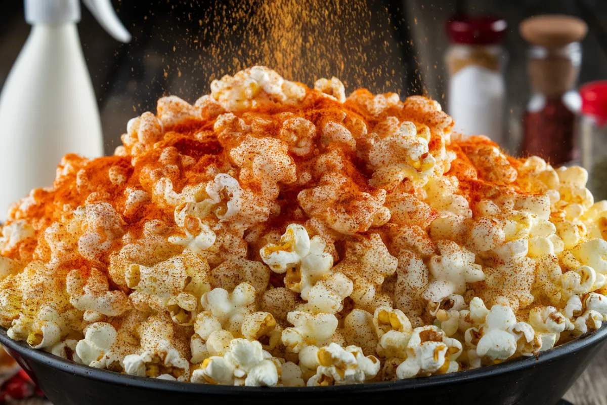 A bowl of oil-free popcorn with seasoning evenly distributed, demonstrating the technique of making seasoning stick without oil.