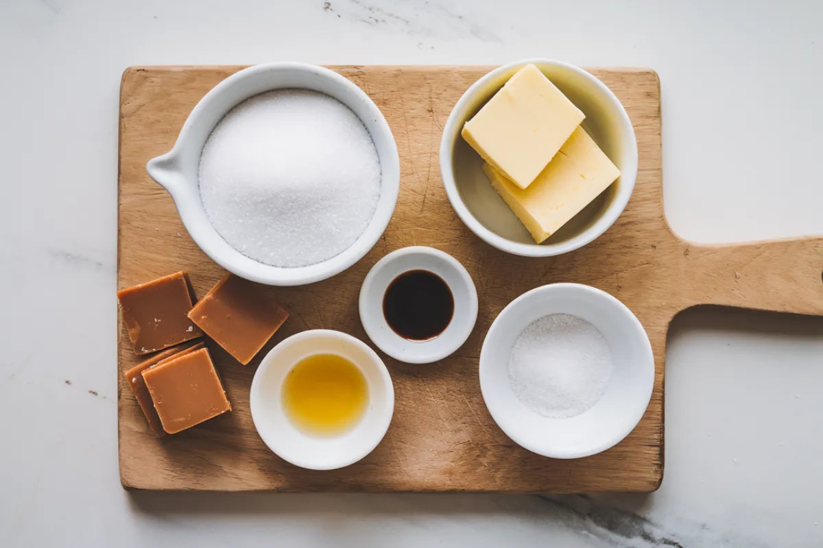 A close-up of traditional toffee pieces on a wooden surface, showing a rich caramel color and a crunchy texture.