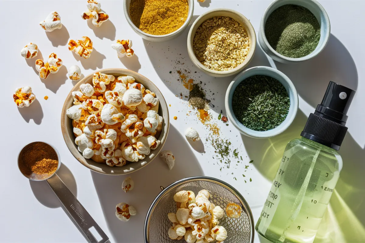 A bowl of oil-free popcorn with seasoning evenly distributed, demonstrating the technique of making seasoning stick without oil.

