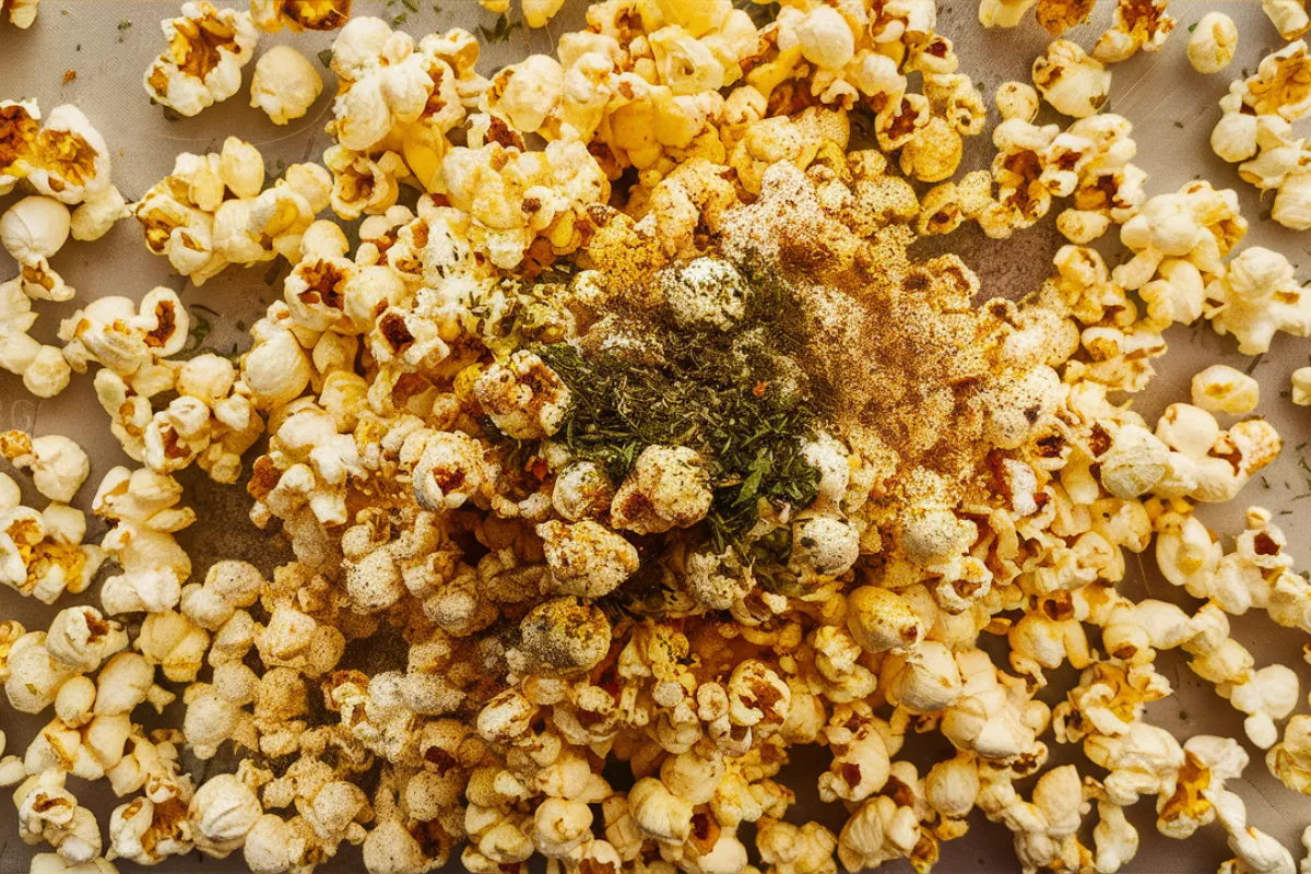 A bowl of oil-free popcorn with seasoning evenly distributed, demonstrating the technique of making seasoning stick without oil.

