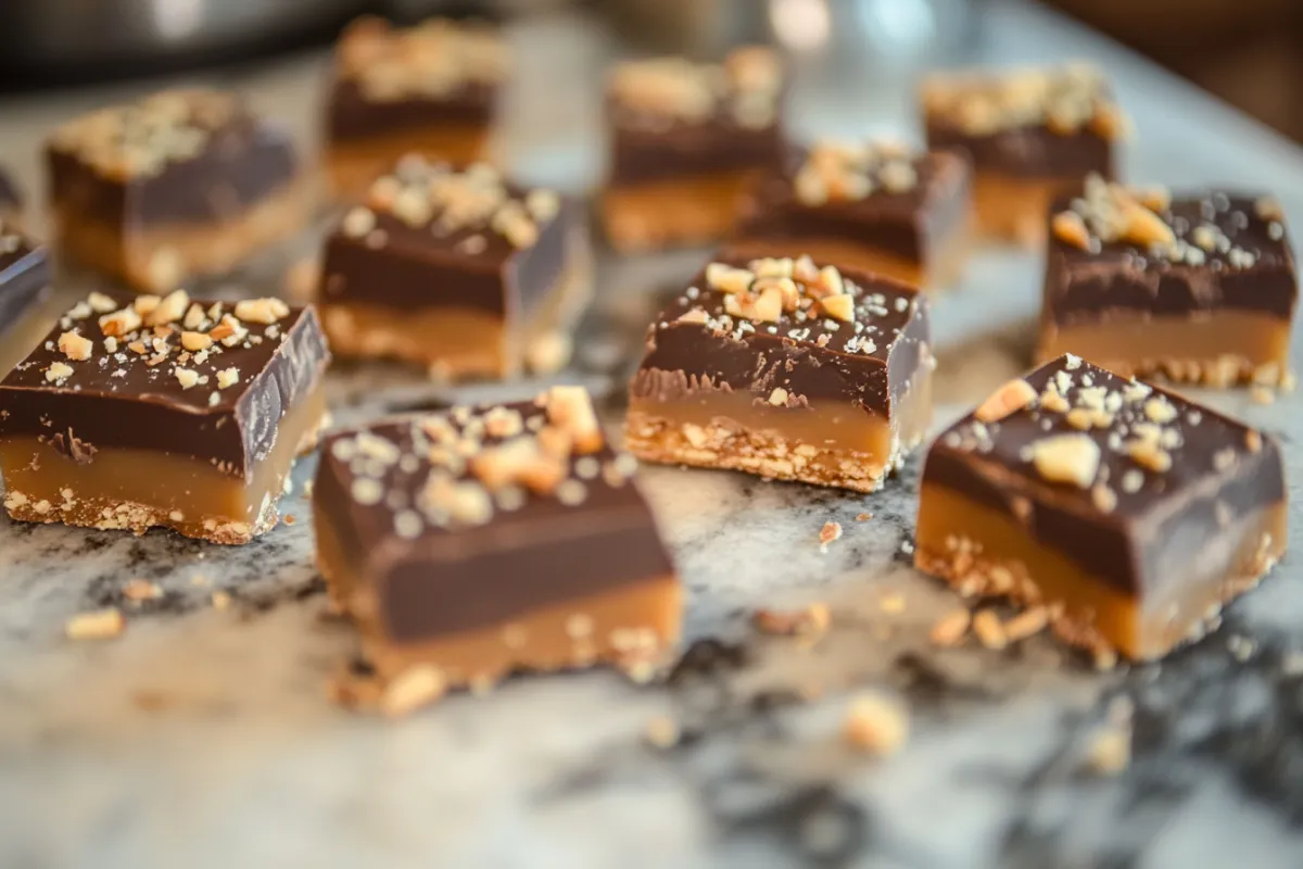 A plate of traditional toffee with chocolate topping, illustrating the discussion of whether toffee contains caffeine.