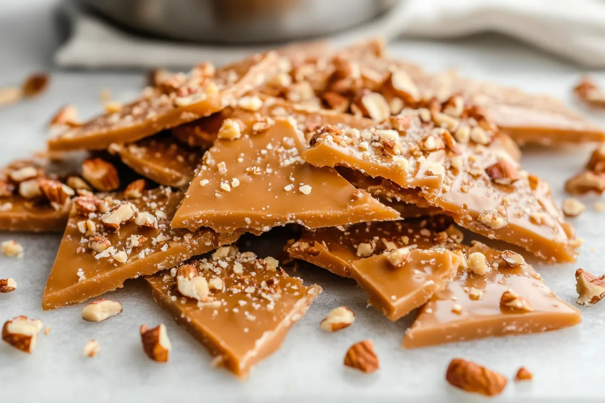 A piece of homemade gluten-free toffee on a marble countertop.