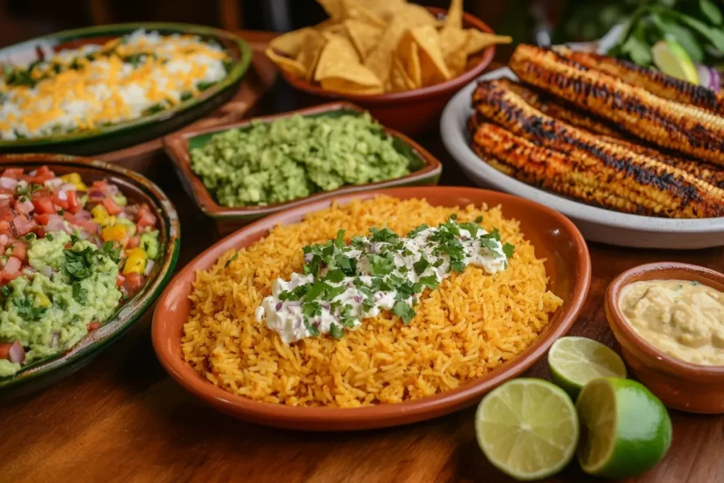 variety of authentic Mexican side dishes including rice, beans, and corn