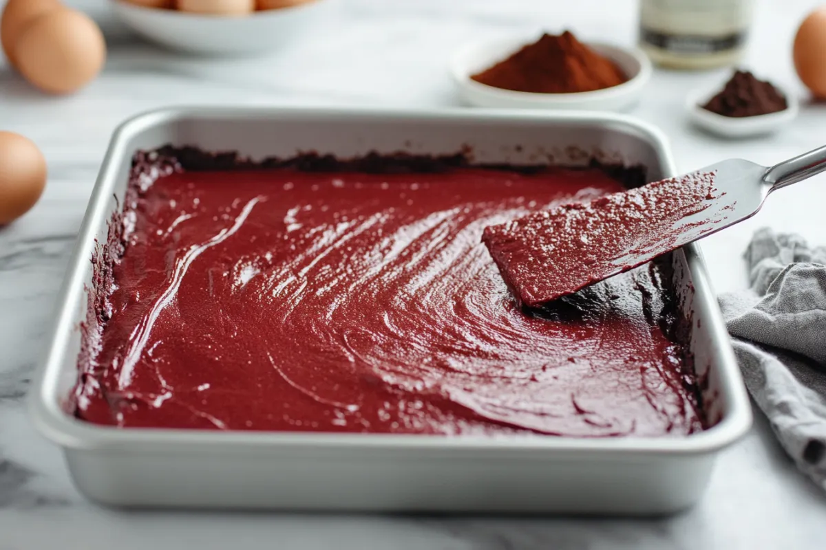 Close-up of fudgy red velvet brownies with cream cheese frosting, topped with sprinkles.