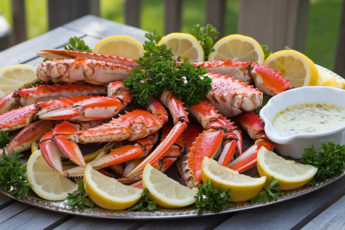 Grilled snow crab legs on a barbecue grill with lemon and garlic butter sauce.