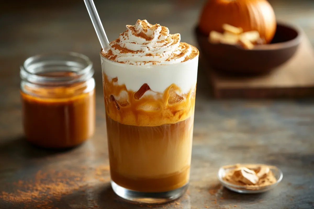 A glass of iced pumpkin spice latte topped with whipped cream and cinnamon, served in a cozy fall setting.