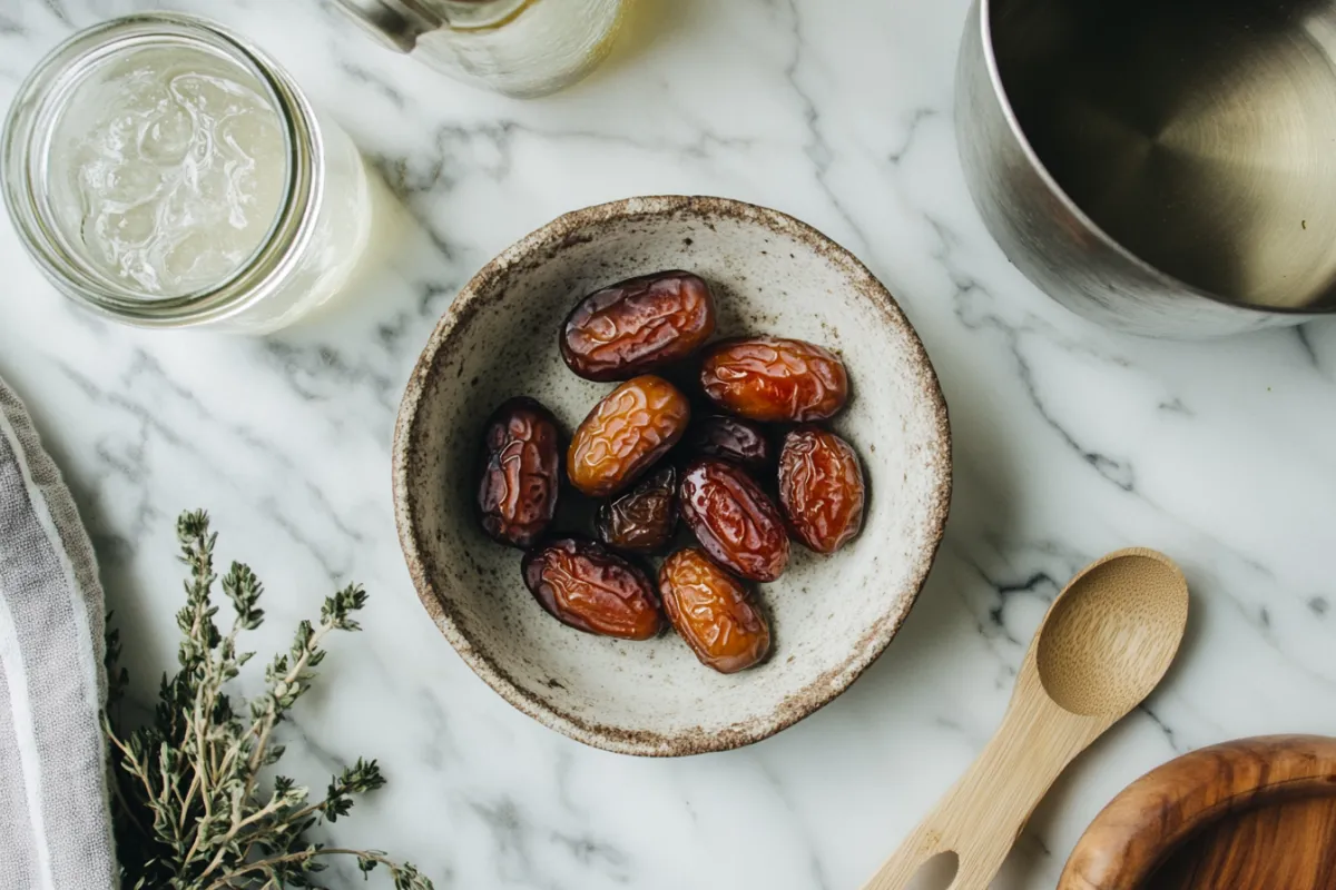 A jar of rich date syrup with fresh dates in a cozy kitchen