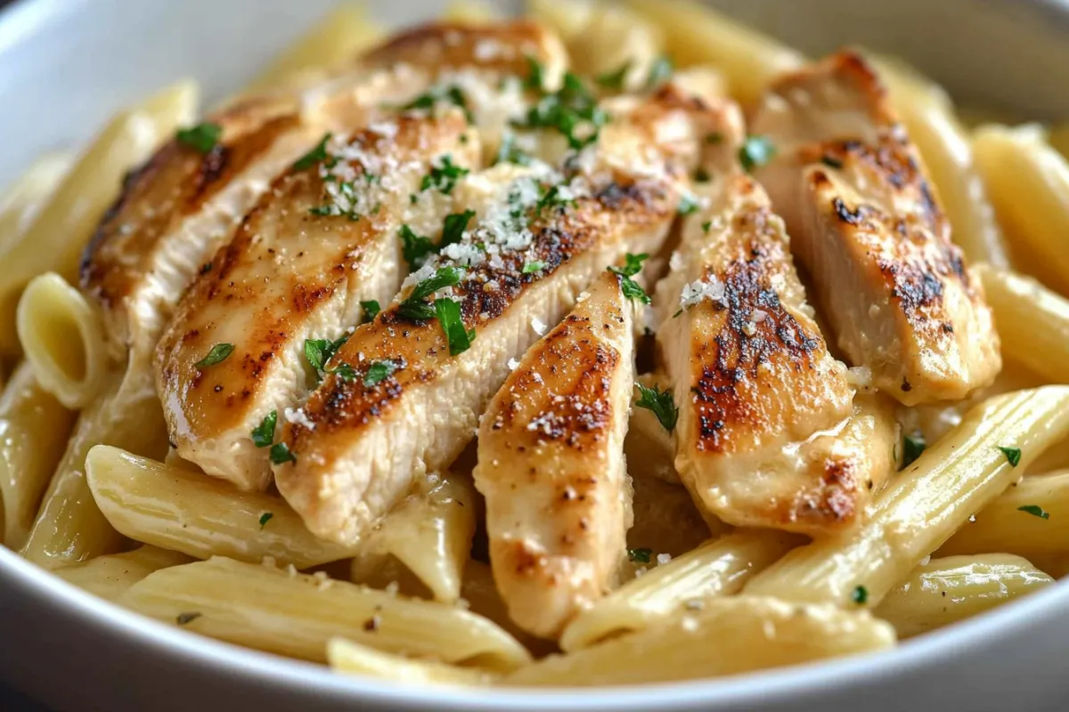 A plate of creamy Garlic Parmesan Chicken Pasta topped with fresh parsley and parmesan cheese.