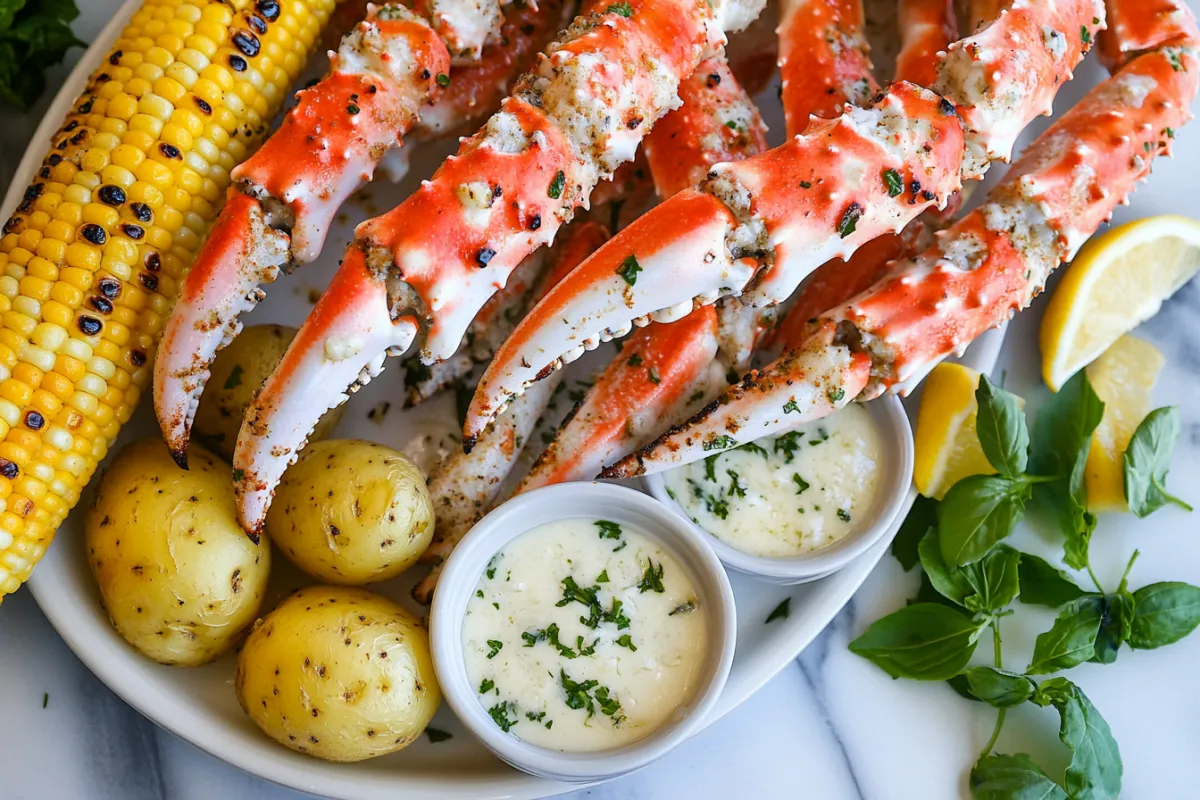 Grilled crab legs with lemon wedges and dipping sauce