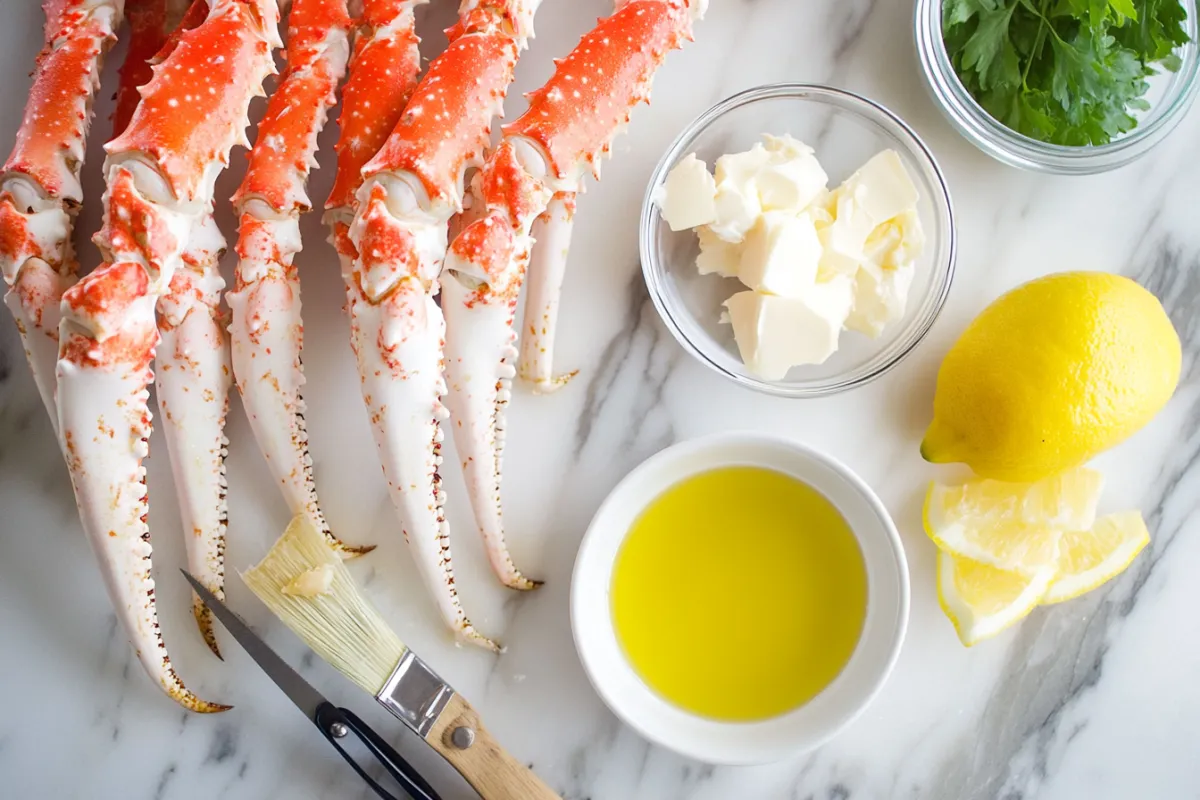 Grilled crab legs served with garlic butter and lemon wedges