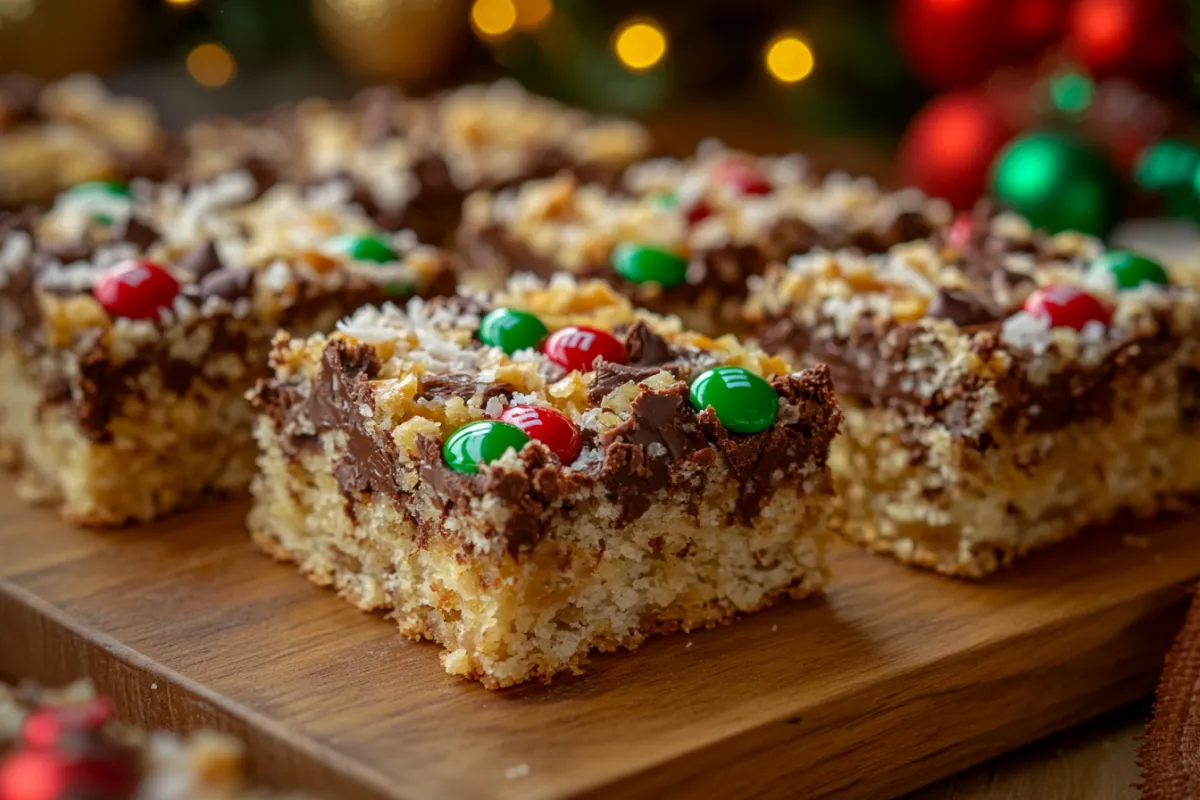 Close-up of freshly baked 7 Layer Bars with coconut, chocolate, and butterscotch chips.