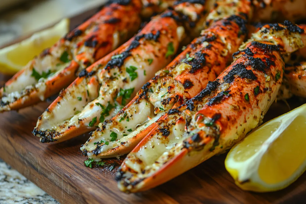 Grilled crab legs with lemon wedges and dipping sauce