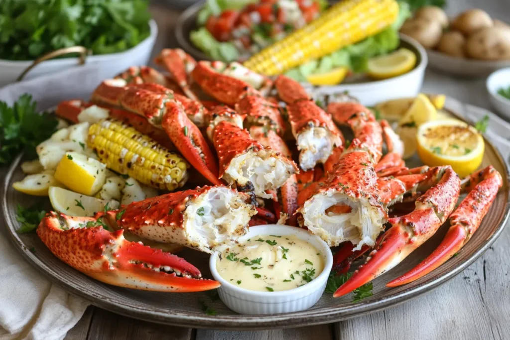 Grilled crab legs served with garlic butter and lemon wedges