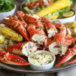 Grilled crab legs served with garlic butter and lemon wedges