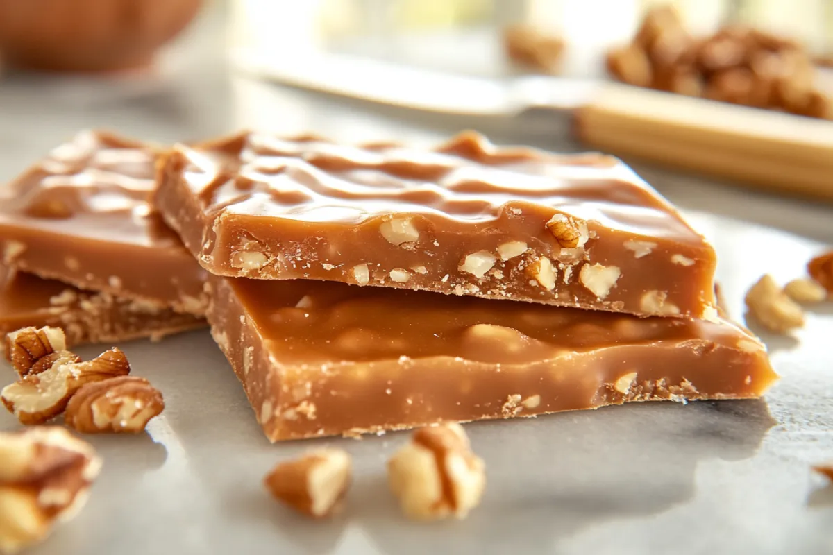 A plate of traditional toffee with chocolate topping, illustrating the discussion of whether toffee contains caffeine.