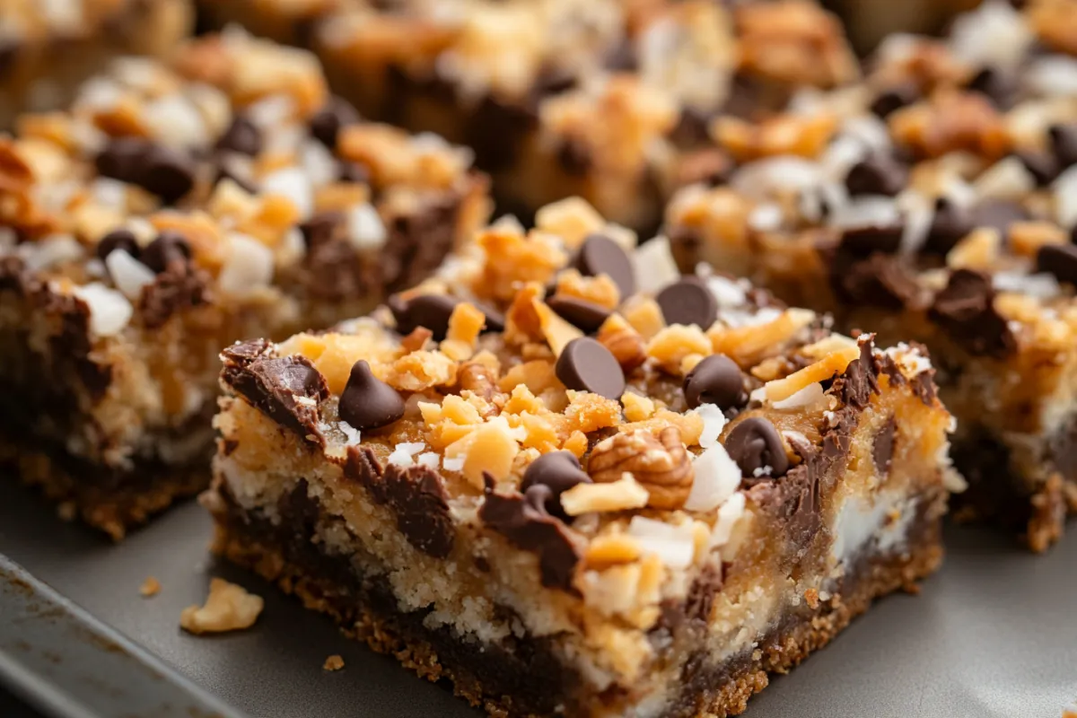 Slices of 7 layer bars wrapped and stored for freezing