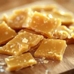 A piece of homemade gluten-free toffee on a marble countertop.