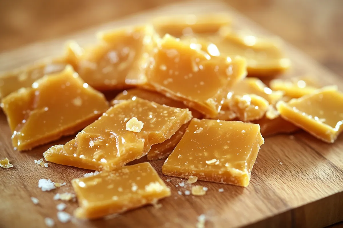 A piece of homemade gluten-free toffee on a marble countertop.