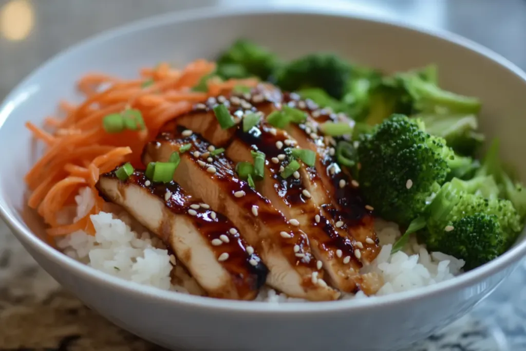 A vibrant teriyaki bowl with grilled chicken