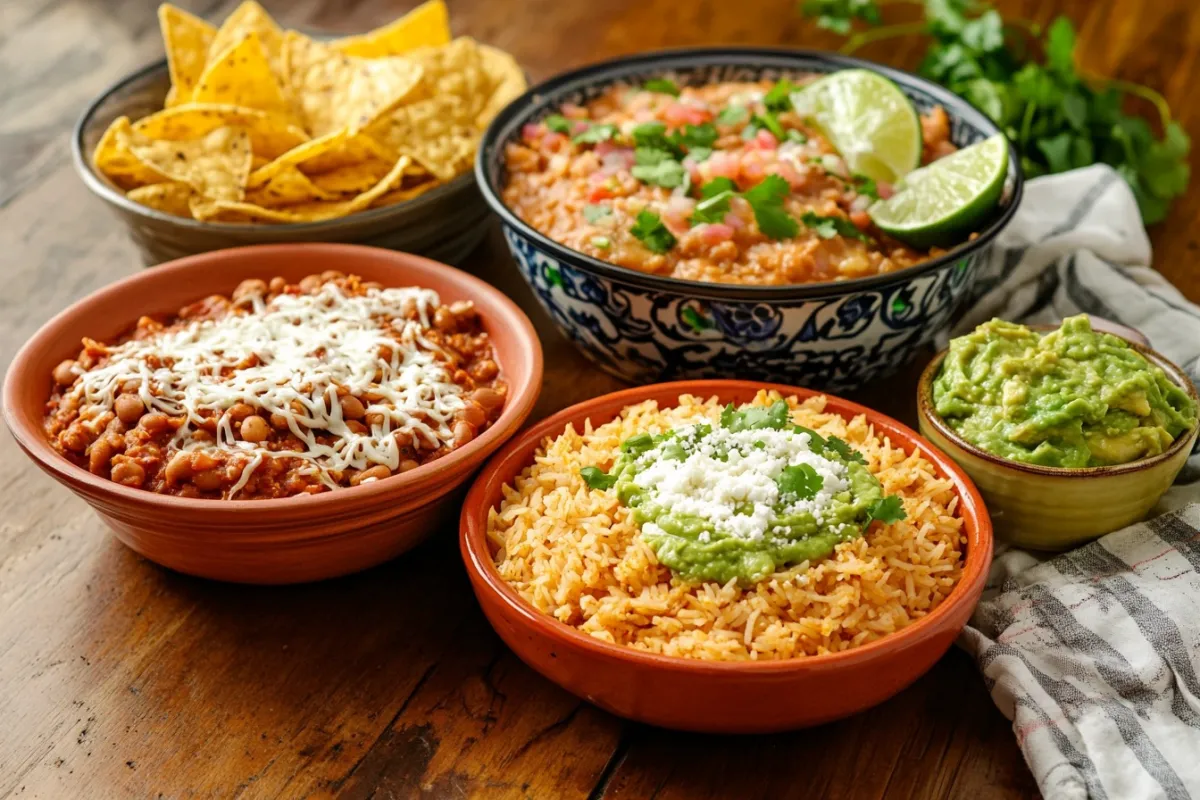 variety of authentic Mexican side dishes including rice, beans, and corn