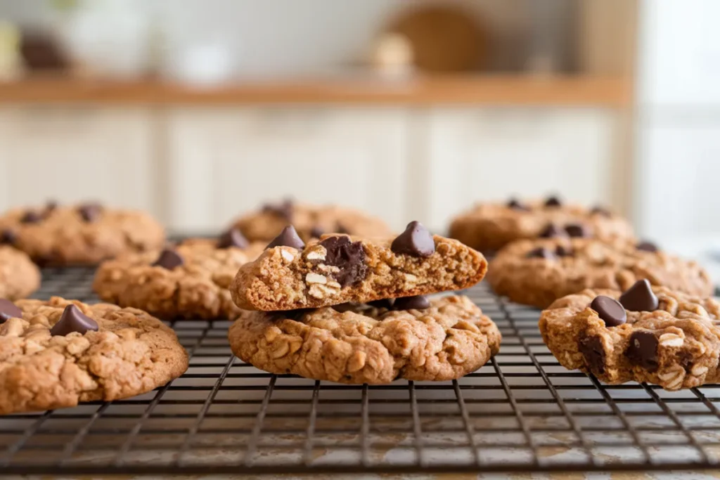 A batch of freshly baked protein cookies made with protein powder, oats, and nut butter, displayed on a wooden surface.